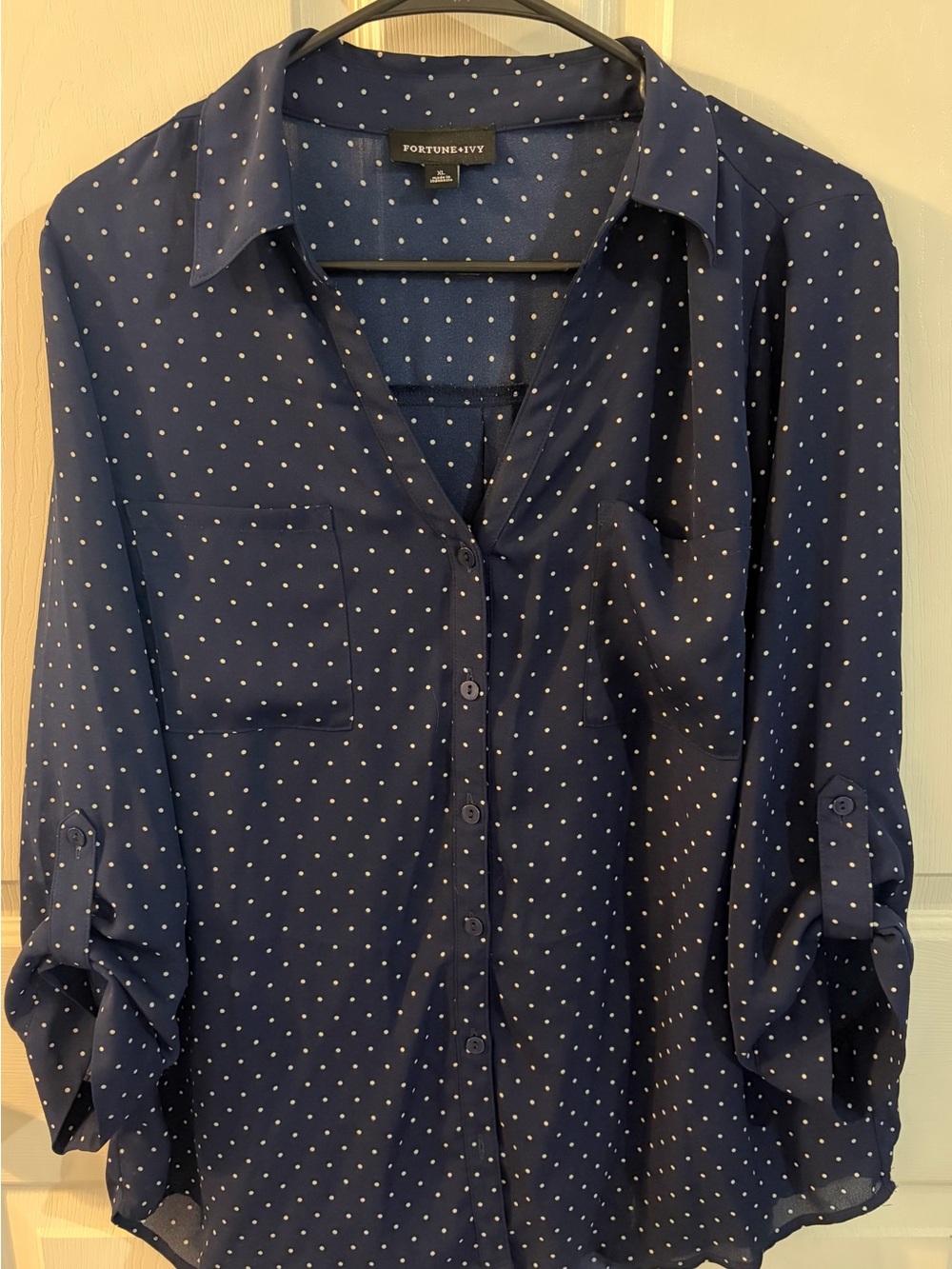 Fortune + Ivy Navy Polka Dot Button Down Blouse XL